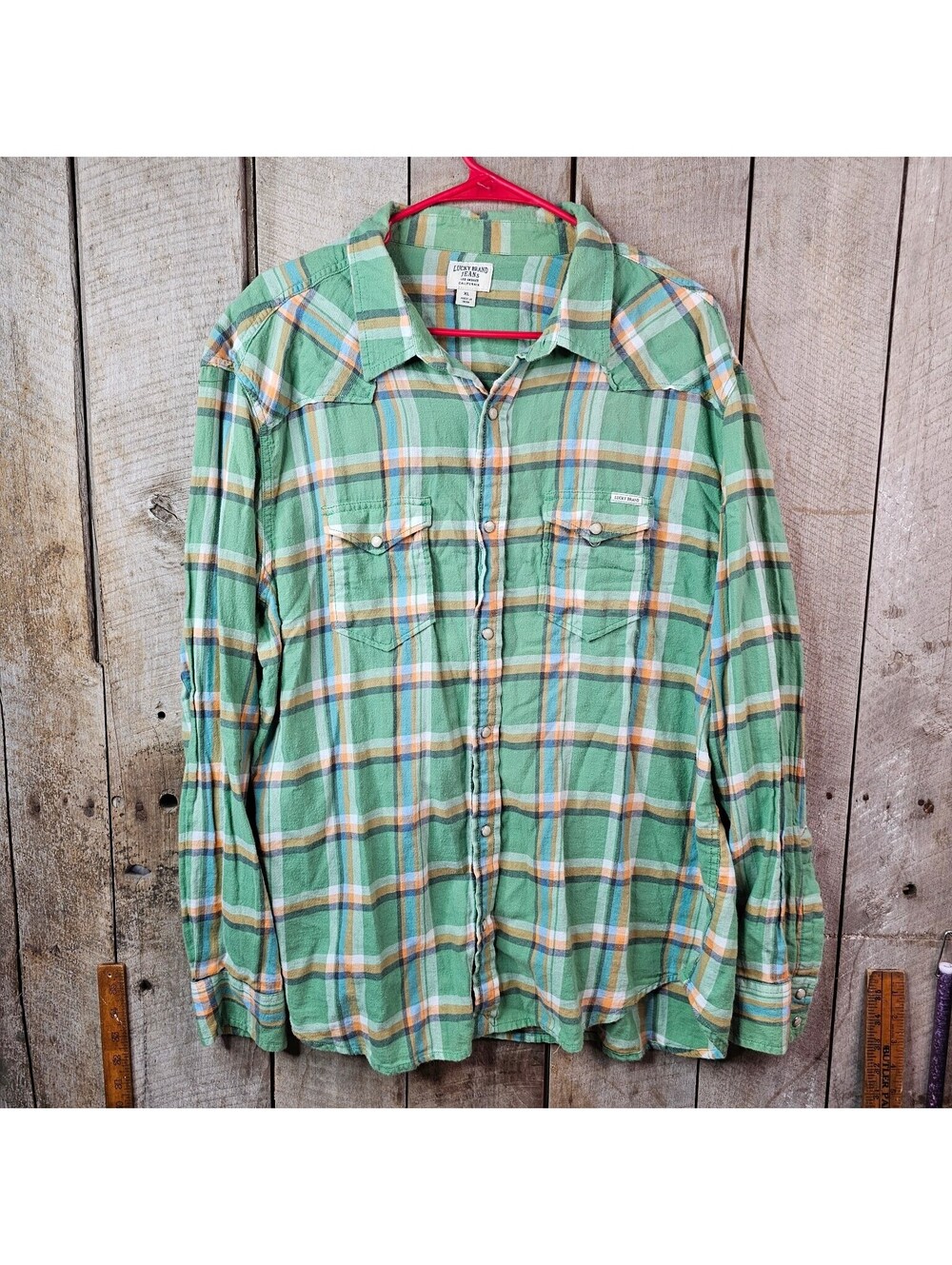 Lucky Brand Men's XL Green Plaid Flannel Snap Button Western Long Sleeve Shirt